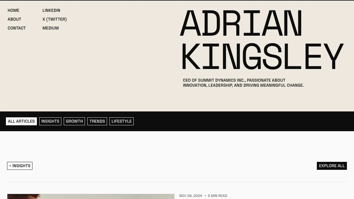 Screenshot of the Adrian Kingsley theme homepage