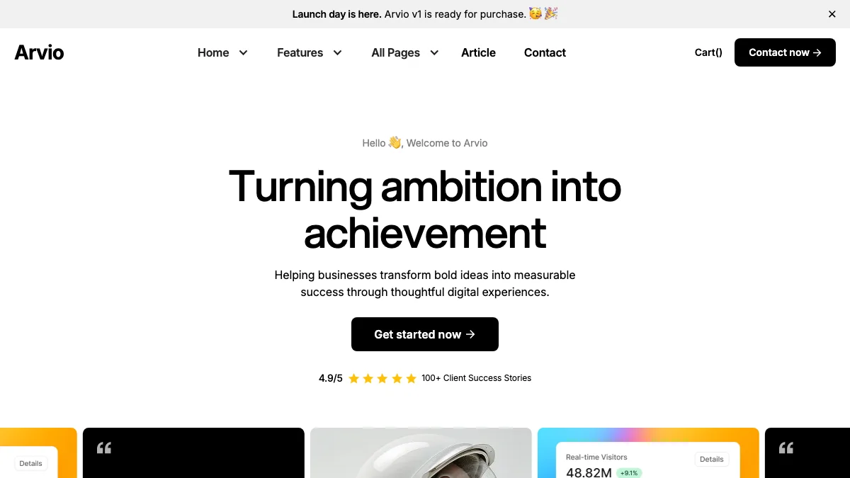 Screenshot of the Arvio theme homepage