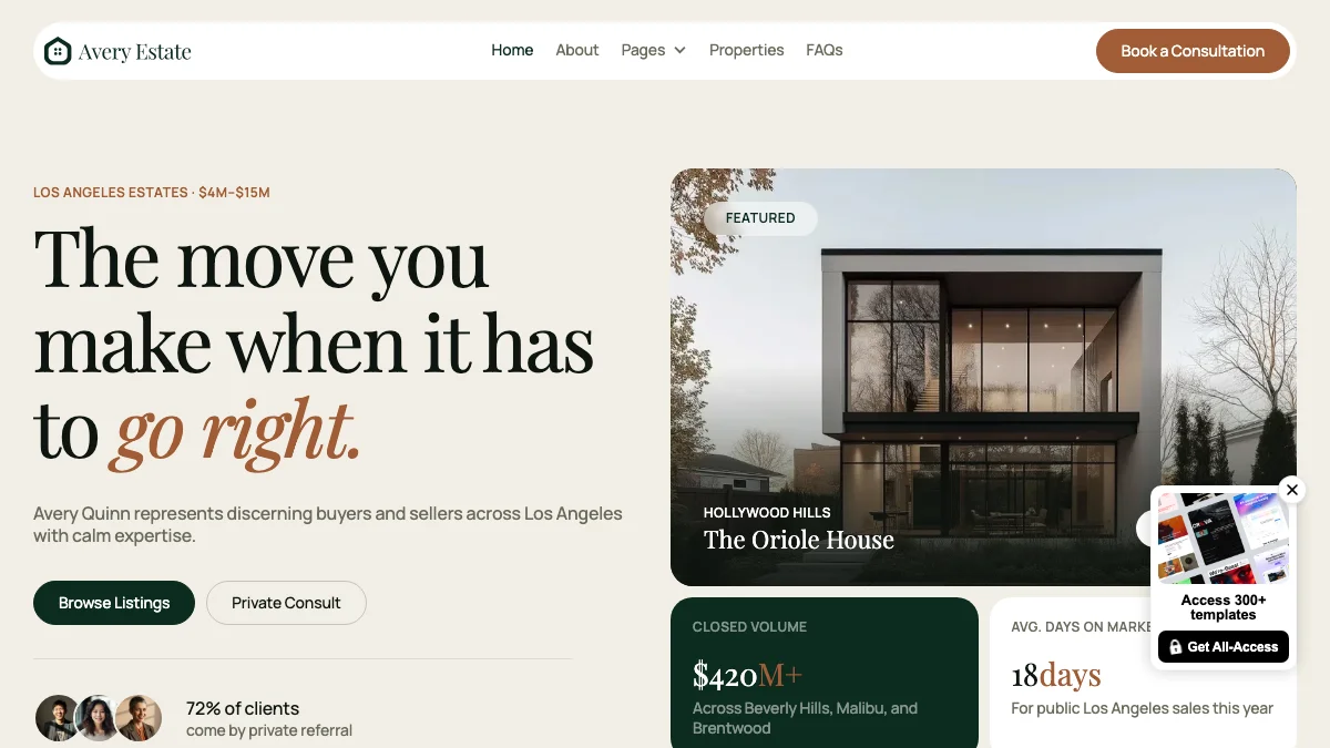 Screenshot of the Avery Estate theme homepage