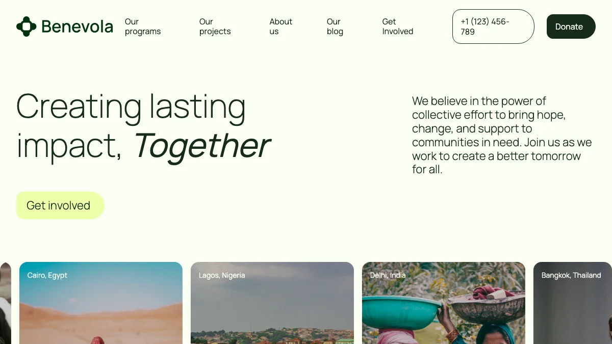 Screenshot of the Benevola theme homepage