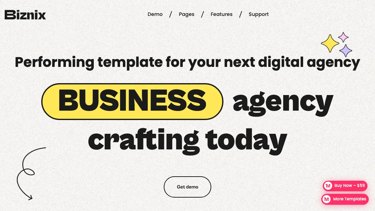 Screenshot of the Biznix theme homepage