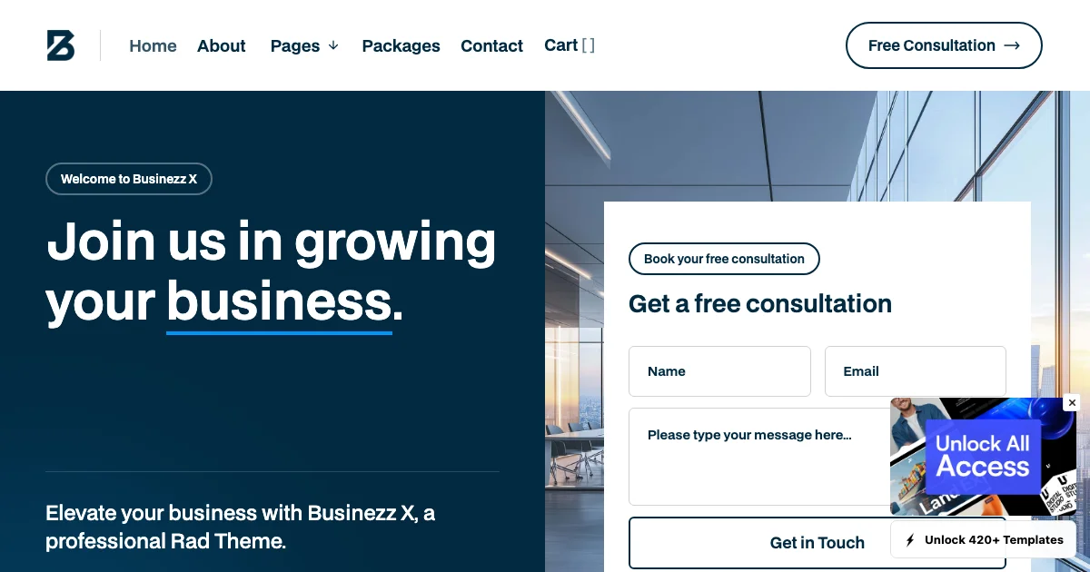 Screenshot of the Businezz X theme homepage