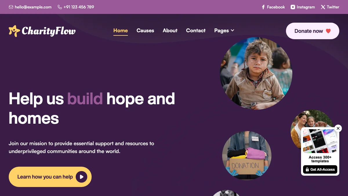 Screenshot of the CharityFlow theme homepage