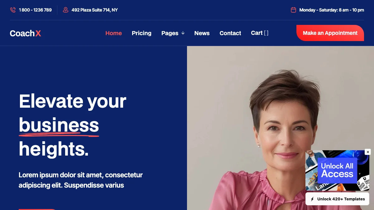 Screenshot of the Coach X theme homepage