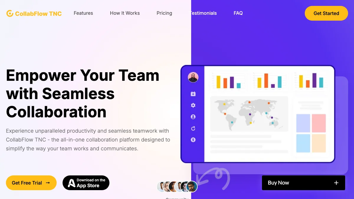 Screenshot of the CollabFlow TNC Landing Page theme homepage