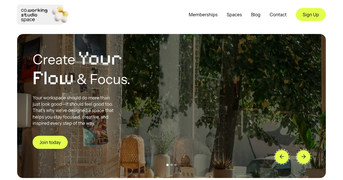 Screenshot of the Coworking Studio Space theme homepage