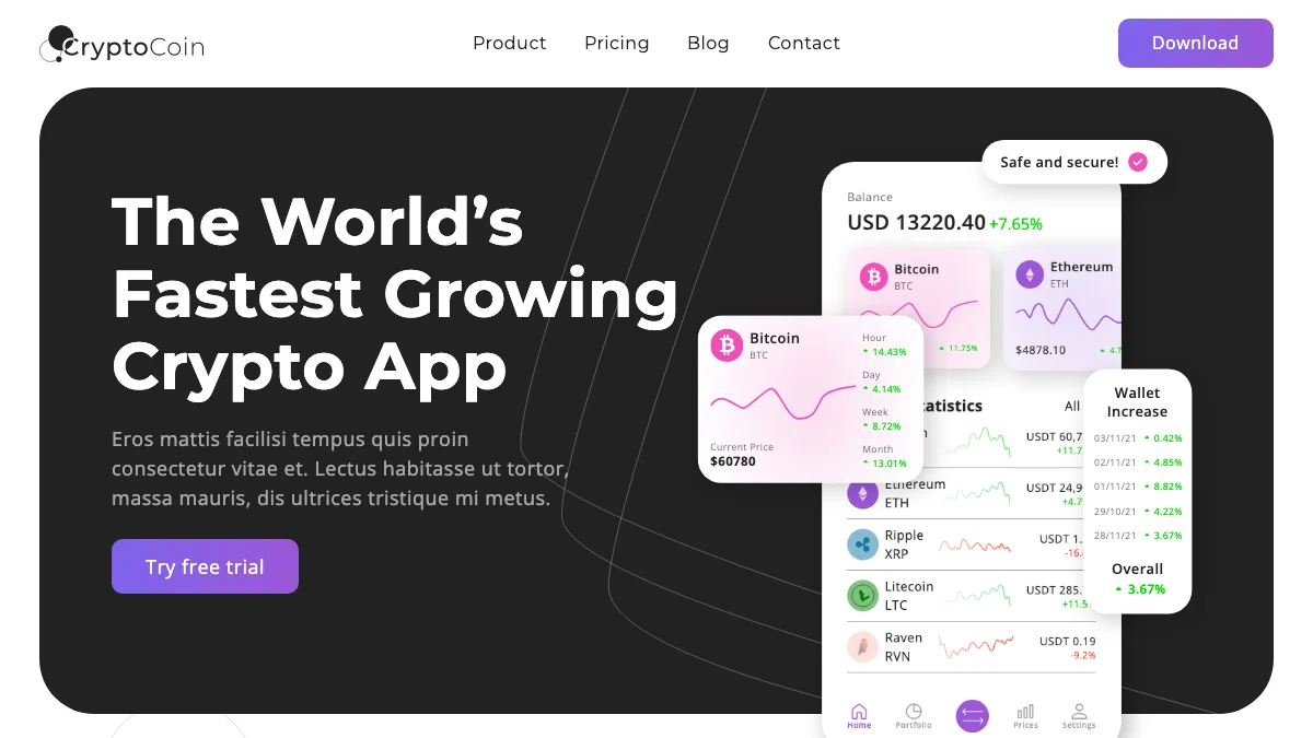 Screenshot of the CryptoCoin theme homepage