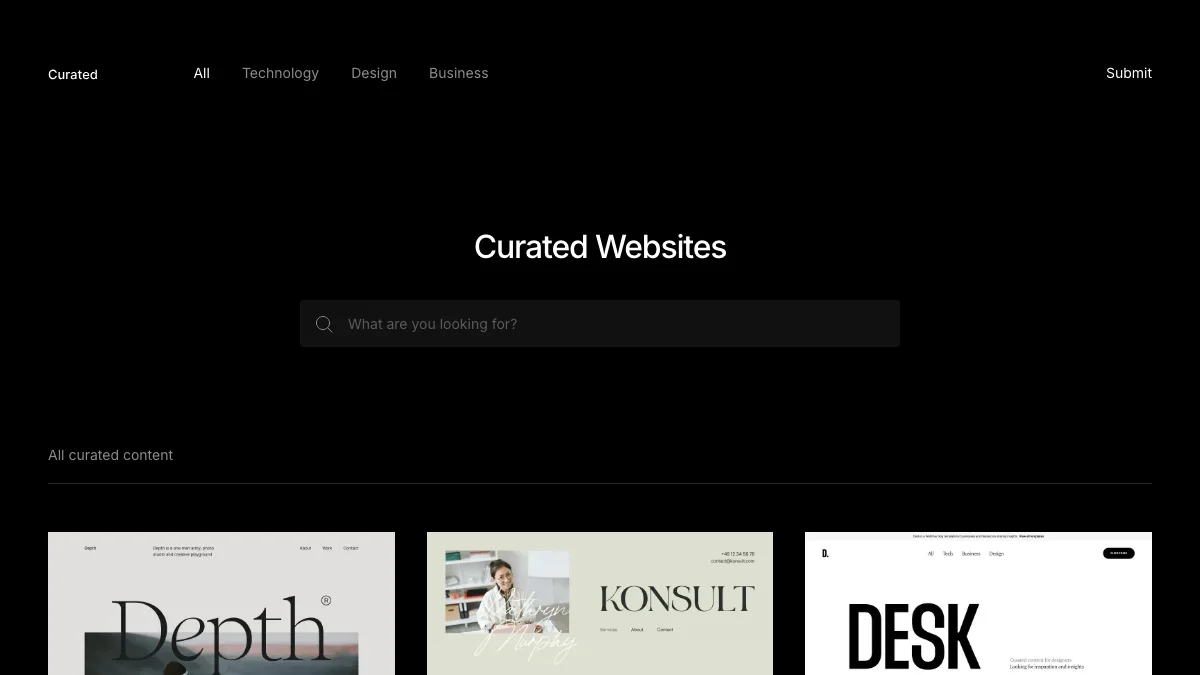 Screenshot of the Curated theme homepage