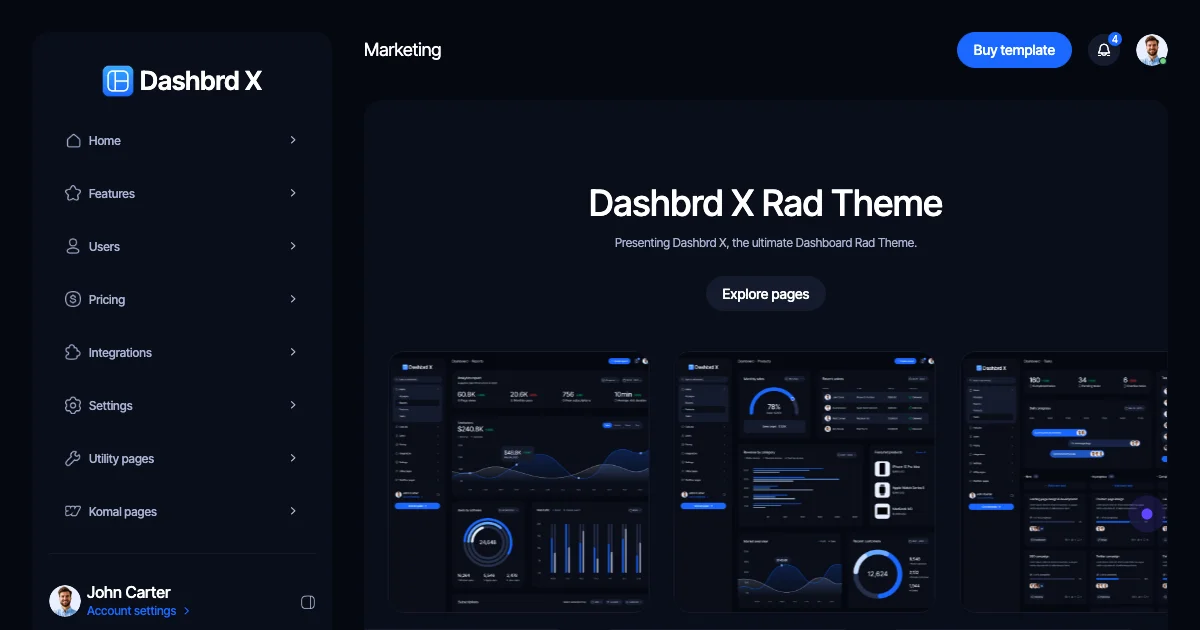 Screenshot of the Dashbrd X theme homepage