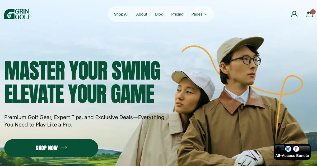 Screenshot of the Grin Golf theme homepage