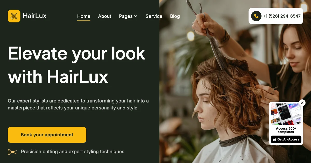 Screenshot of the Hairlux theme homepage